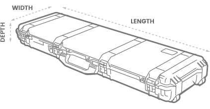 a 3D Drawing of a Peli Air 1755 case with arrows showing the width, length and depth of the case