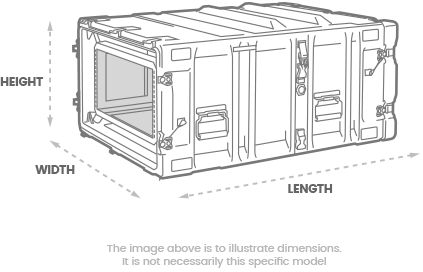 a 3D Drawing of a peli hardigg super v 14u rack mount cases with arrows showing the width, length and depth of the case