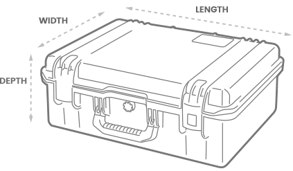 a 3D Drawing of a Peli air 1605 case with arrows showing the width, length and depth of the case