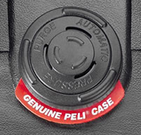 Close up of a black peli cases automatic pressure equalization valve which balances pressure and keeps water out.
