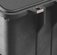 close up of Peli 1650 Stainless steel hardware and padlock protectors