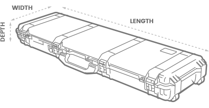 a 3D Drawing of a Peli storm im3200 case with arrows showing the width, length and depth of the case