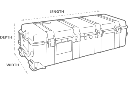 a 3D Drawing of an explorer case with arrows showing the width, length and depth of the case