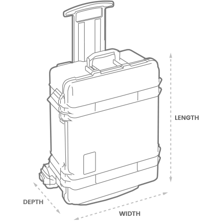 a 3D drawing of a Nanuk Case with arrows showing the width, length and depth of the case