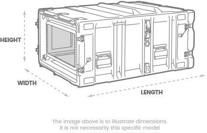 a 3D Drawing of a peli hardigg super v 4u rack mount cases with arrows showing the width, length and depth of the case