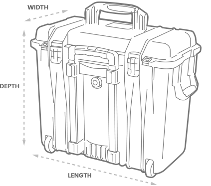 a 3D drawing of a Peli IM2435 Storm Case with arrows showing the width, length and depth of the case