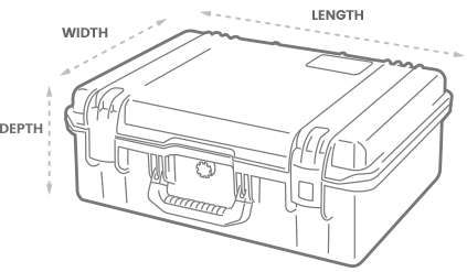 a 3D drawing of a Peli 1500 Case with arrows showing the width, length and depth of the case