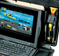 a close up of peli 1490cc1 laptop case showing the Lid organiser, fitted shock absorbing tray and shoulder strap