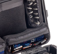 close up of a black peli 1560sc studio case with three removable accessory pouches
