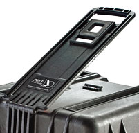 close up of peli 0340 cube cases Built-in spring loaded pull handle