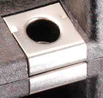 close up of black peli case showing the stainless steel padlock protectors