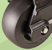 close up of a black peli cases wheels with stainless steel bearings