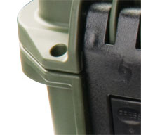 close up of Olive Green peli case Two Padlockable Hasps